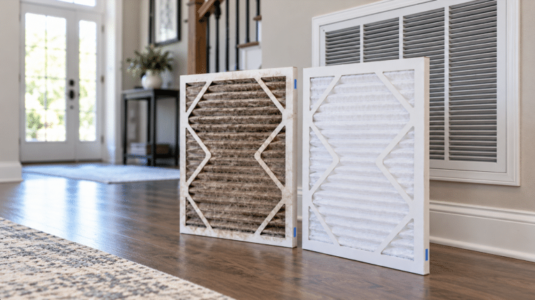 Dirty vs clean AC air filter comparison inside a home in The Woodlands, TX -- Air Woodlands HVAC